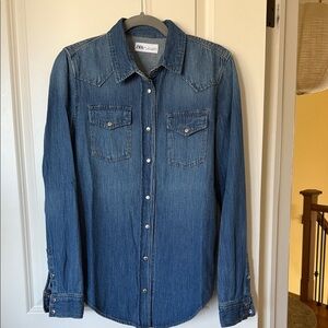 Zara Medium Blue Denim Button-Up Western Shirt
